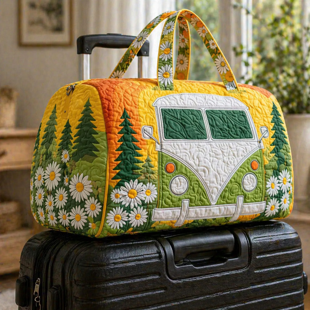 Retro Daisy Camper Van Quilted Duffle Bag, Floral Weekender Bag for Women
