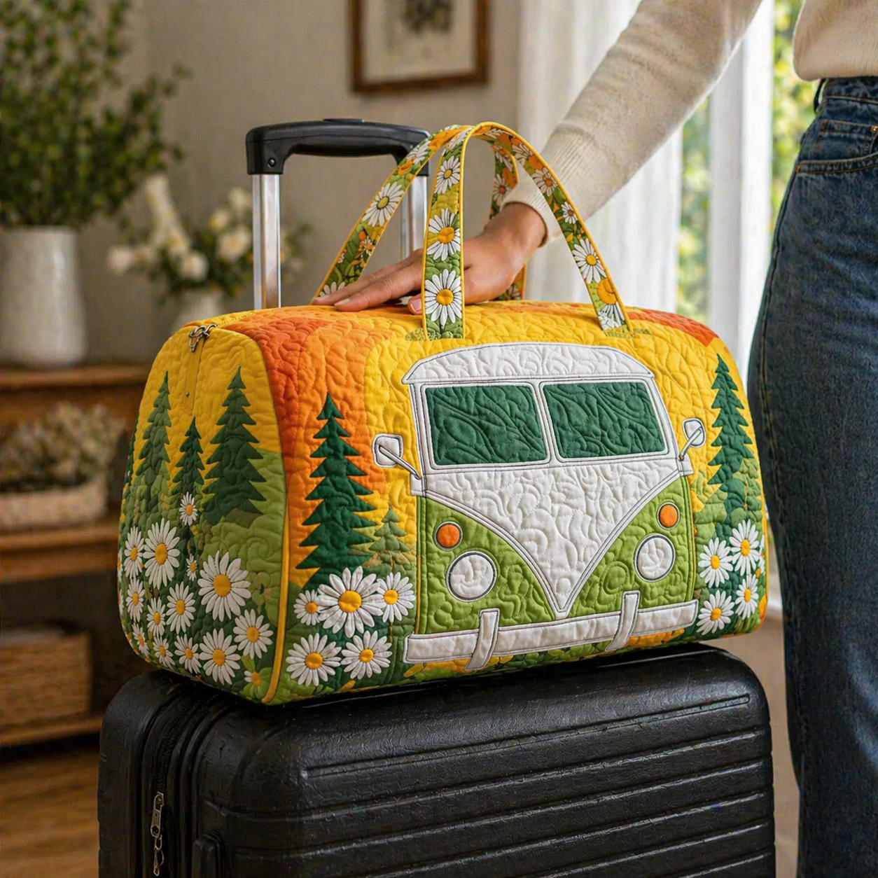 Retro Daisy Camper Van Quilted Duffle Bag, Floral Weekender Bag for Women