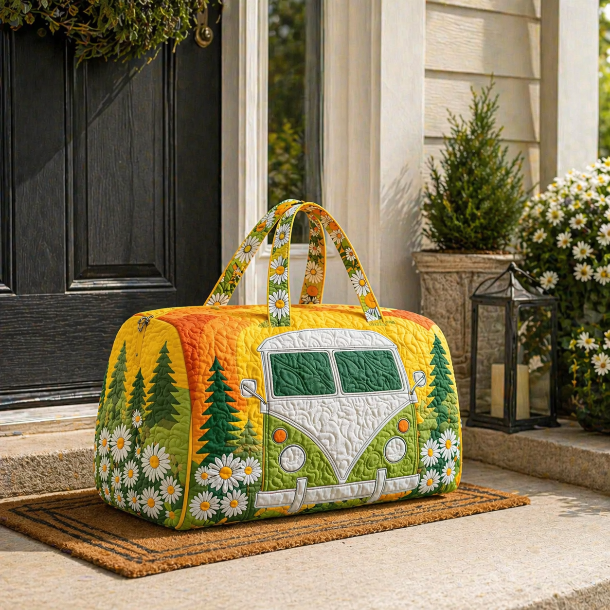 Retro Daisy Camper Van Quilted Duffle Bag, Floral Weekender Bag for Women