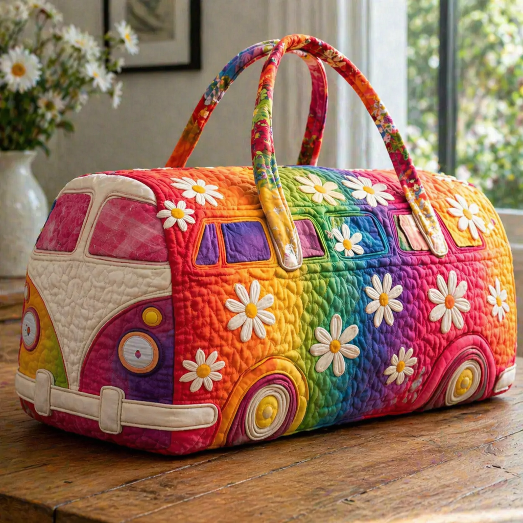 Quilted Rainbow Camper Van Duffle Bag, Daisy Floral Weekender Bag for Women, Travel Bag