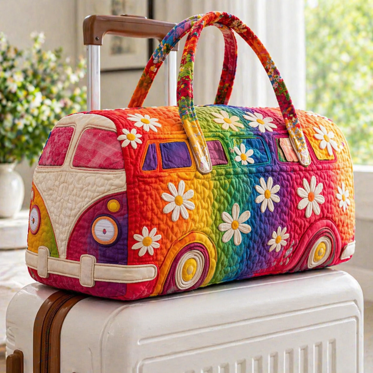 Quilted Rainbow Camper Van Duffle Bag, Daisy Floral Weekender Bag for Women, Travel Bag