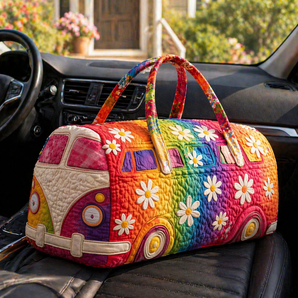 Quilted Rainbow Camper Van Duffle Bag, Daisy Floral Weekender Bag for Women, Travel Bag