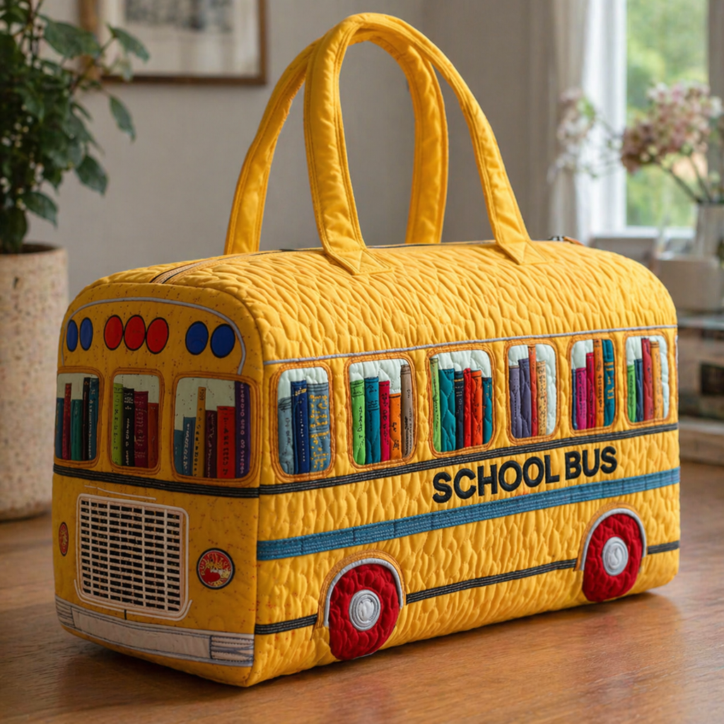 Yellow Bus Quilted Duffle Bag, Quilted Weekender Bag, Teacher Travel Bag