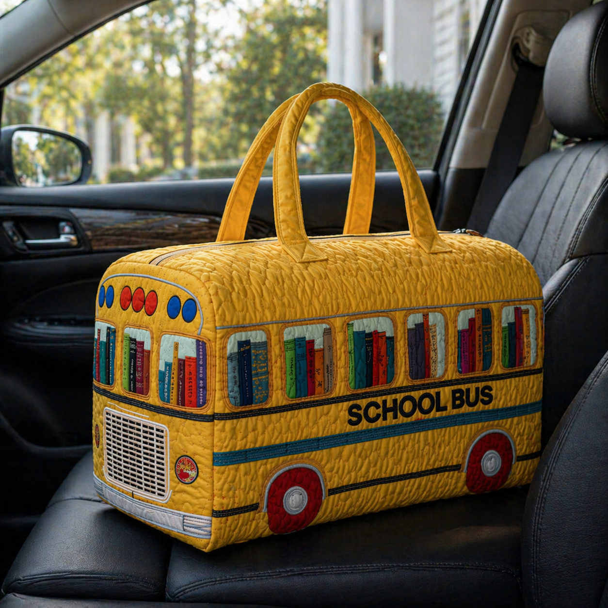 Yellow Bus Quilted Duffle Bag, Quilted Weekender Bag, Teacher Travel Bag