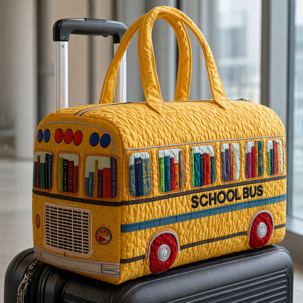 Yellow Bus Quilted Duffle Bag, Quilted Weekender Bag, Teacher Travel Bag