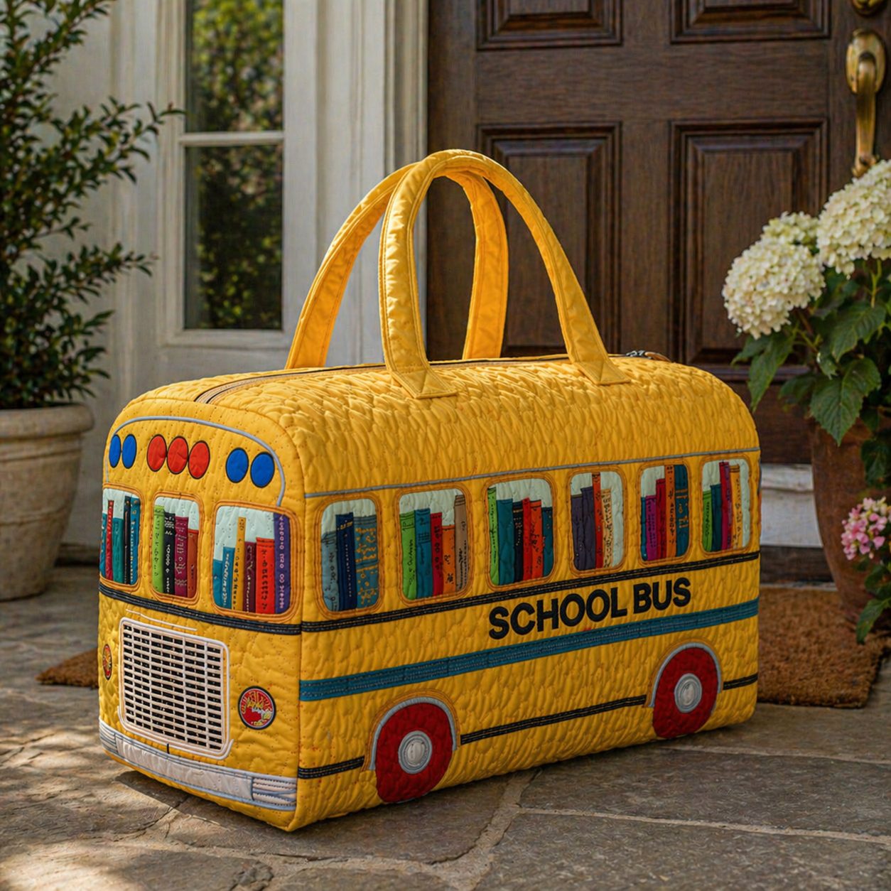 Yellow Bus Quilted Duffle Bag, Quilted Weekender Bag, Teacher Travel Bag