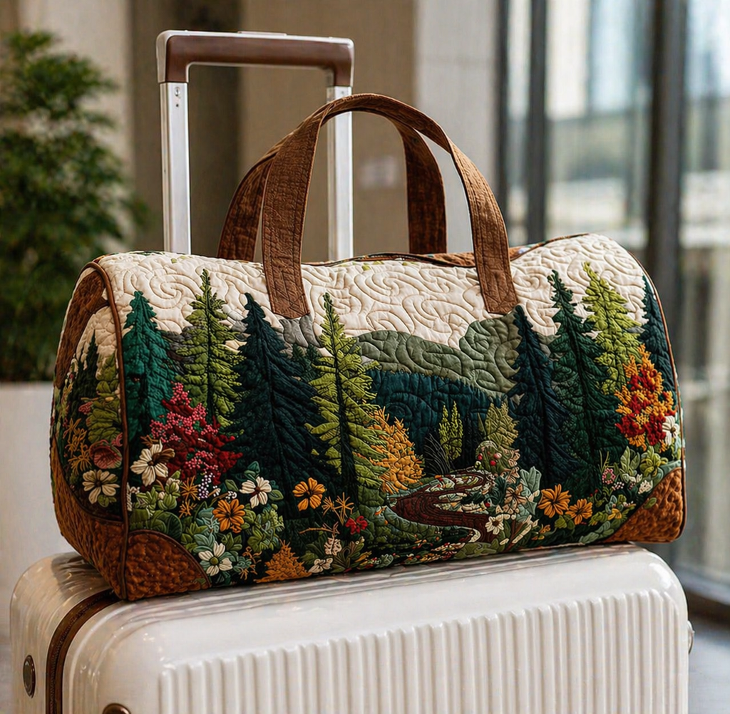 Forest Floral Quilted Duffle Bag, Woodland Weekender Bag, Rustic Travel Bag