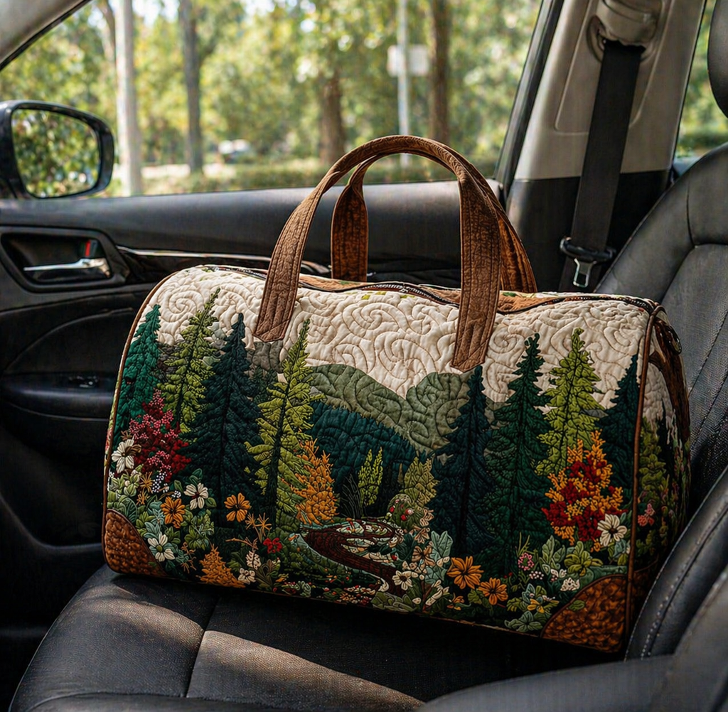 Forest Floral Quilted Duffle Bag, Woodland Weekender Bag, Rustic Travel Bag