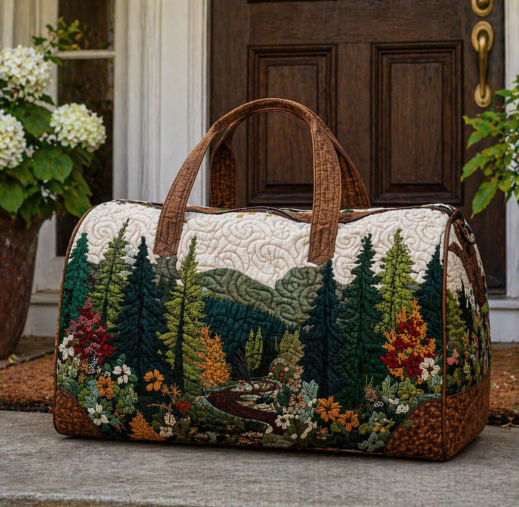 Forest Floral Quilted Duffle Bag, Woodland Weekender Bag, Rustic Travel Bag