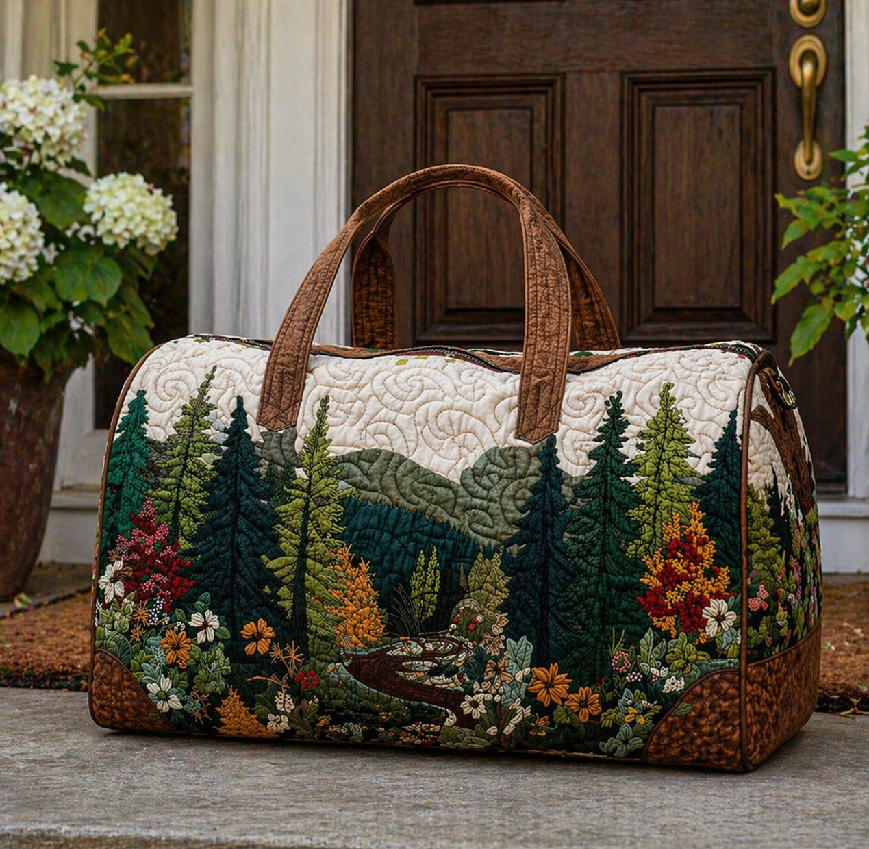 Forest Floral Quilted Duffle Bag, Woodland Weekender Bag, Rustic Travel Bag