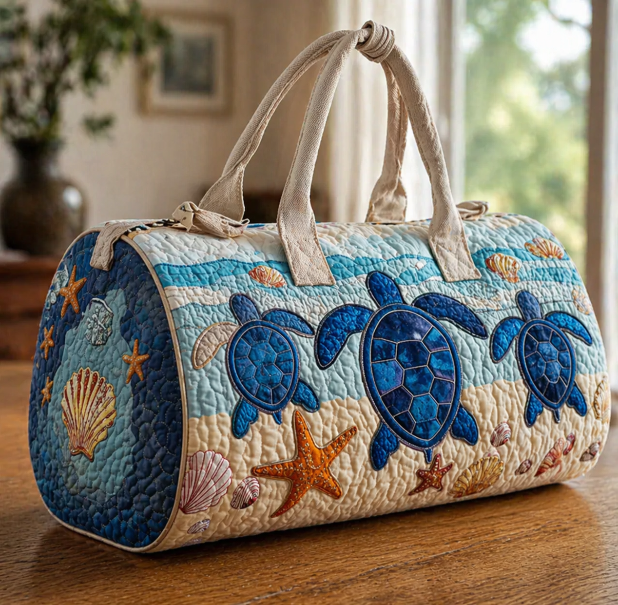 Coastal Sea Turtle Duffle Bag, Quilted Beach Weekender