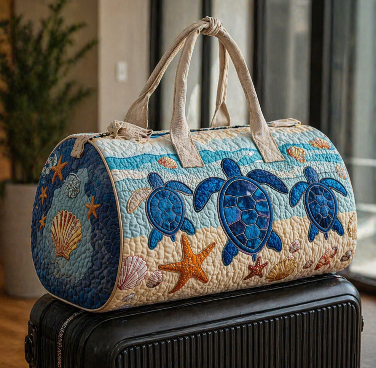 Coastal Sea Turtle Duffle Bag, Quilted Beach Weekender