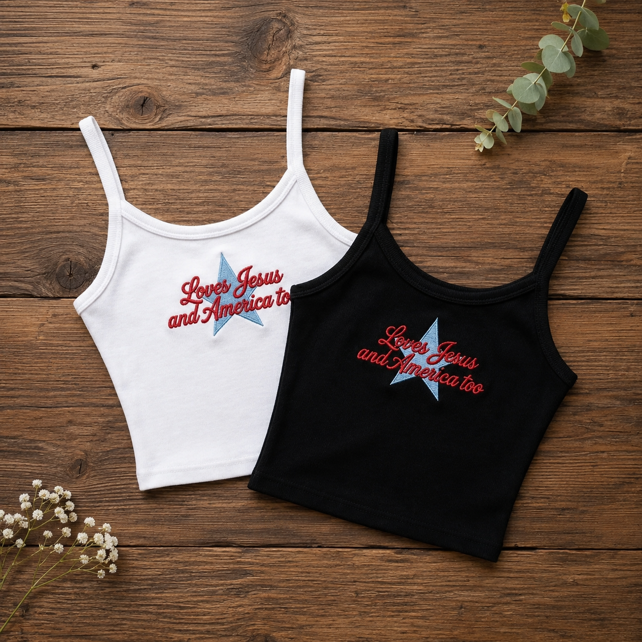 Loves Jesus And America Too Embroidered Tank Top, Christian 4th of July Shirt, Patriotic Strap Tank, Faith Summer Cami