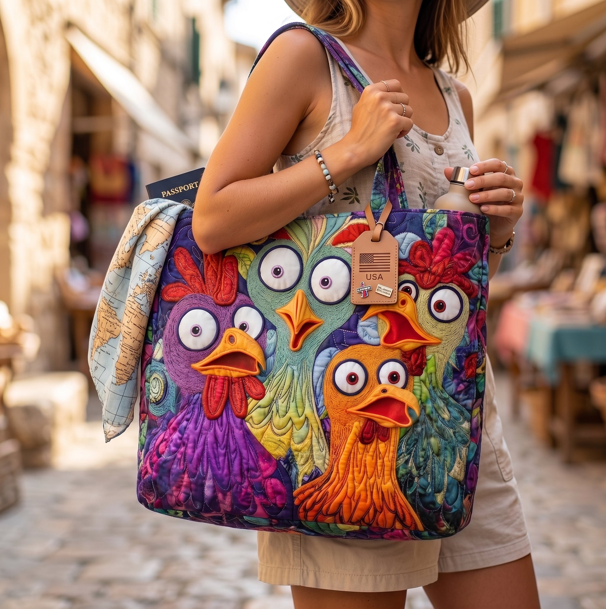 Funny Chicken Quilted Tote Bag, Funny Animal Shoulder Bag, Cute Tote, Chicken Lover Bag QTOTE10