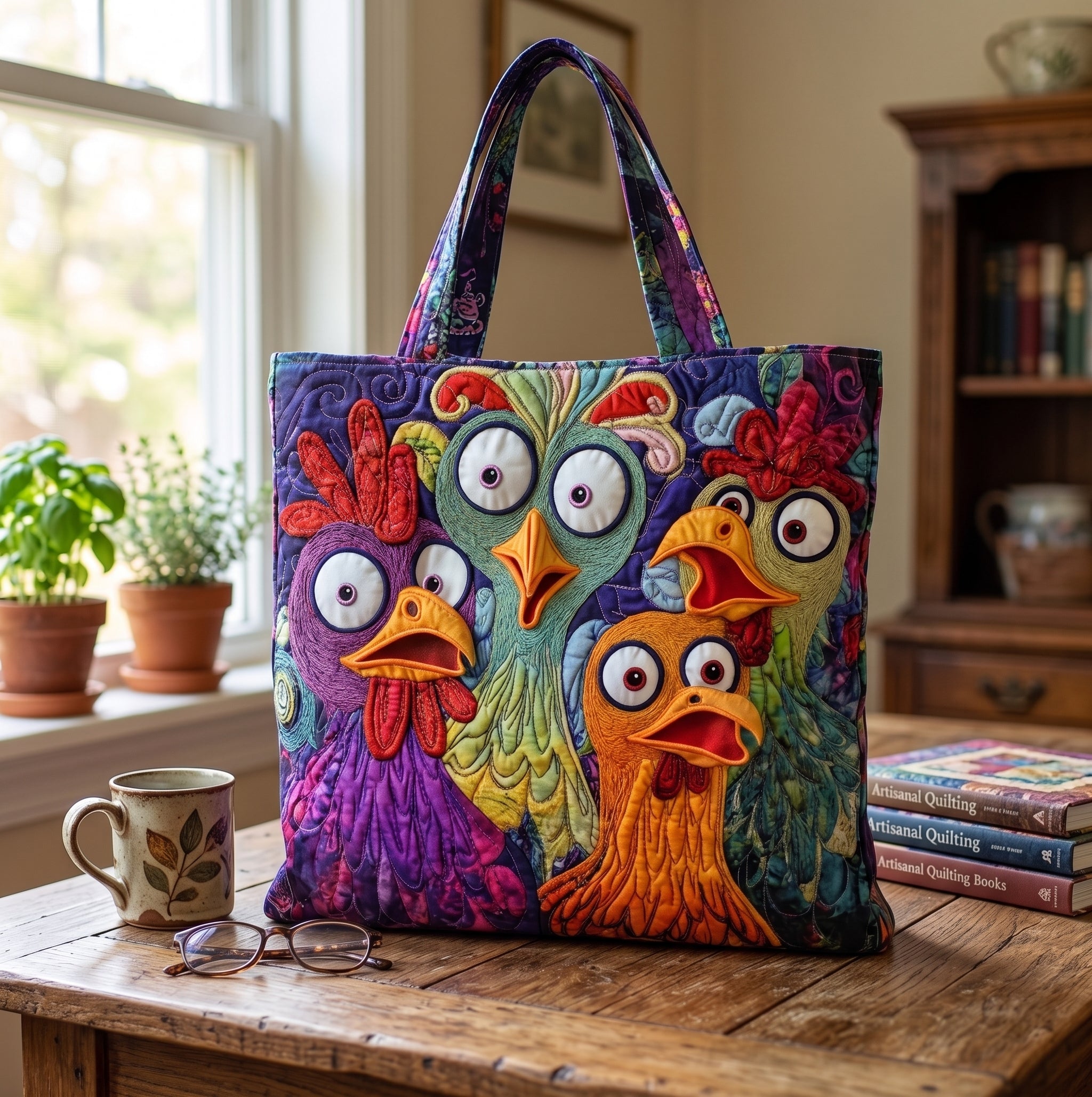 Funny Chicken Quilted Tote Bag, Funny Animal Shoulder Bag, Cute Tote, Chicken Lover Bag QTOTE10
