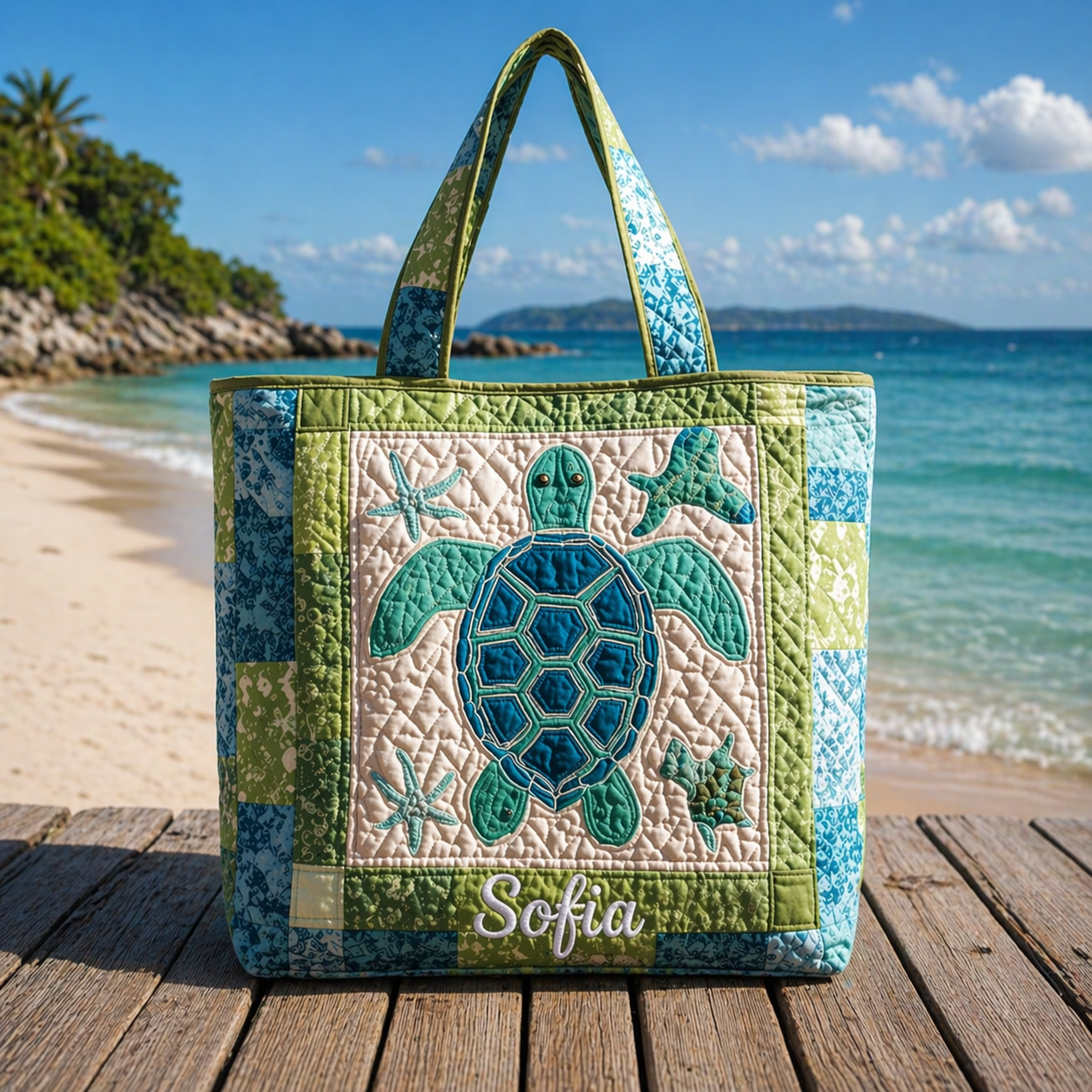 Personalized Sea Turtle Quilted Tote Bag, Custom Coastal Beach Shoulder Bag, Ocean Turtle Tote, Marine Life Gift for Women QTOTE11