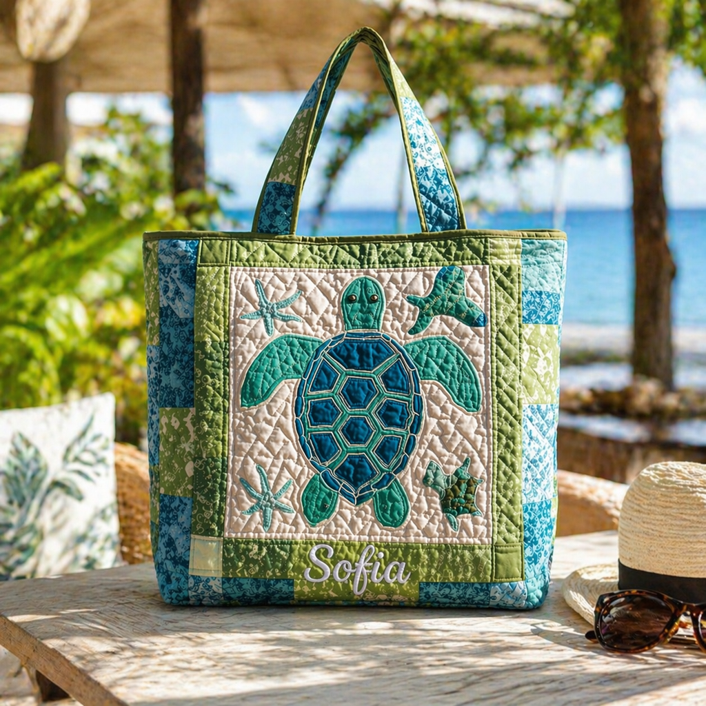 Personalized Sea Turtle Quilted Tote Bag, Custom Coastal Beach Shoulder Bag, Ocean Turtle Tote, Marine Life Gift for Women QTOTE11