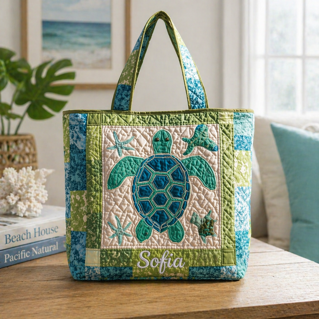 Personalized Sea Turtle Quilted Tote Bag, Custom Coastal Beach Shoulder Bag, Ocean Turtle Tote, Marine Life Gift for Women QTOTE11