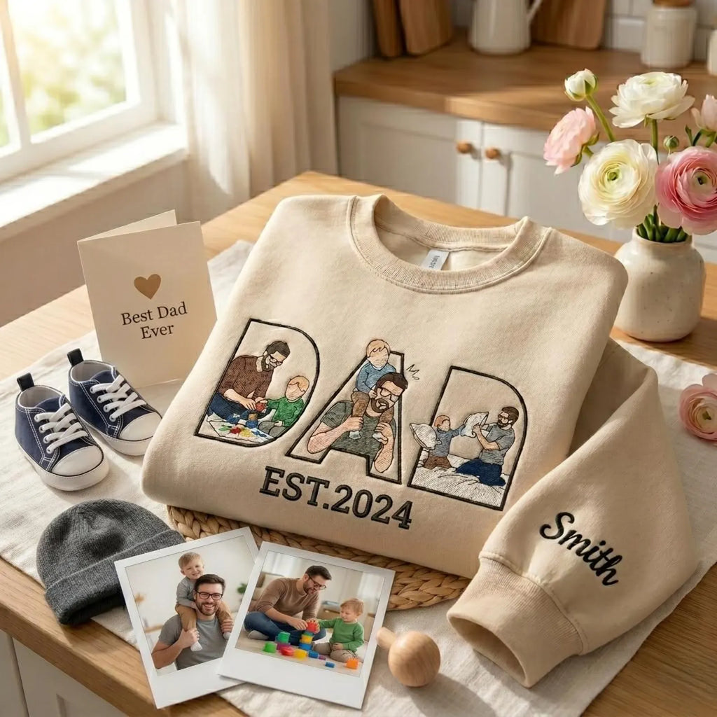 Custom Dad Embroidered Sweatshirt With Photo Inside Letters, Personalized Father’s Day Gift