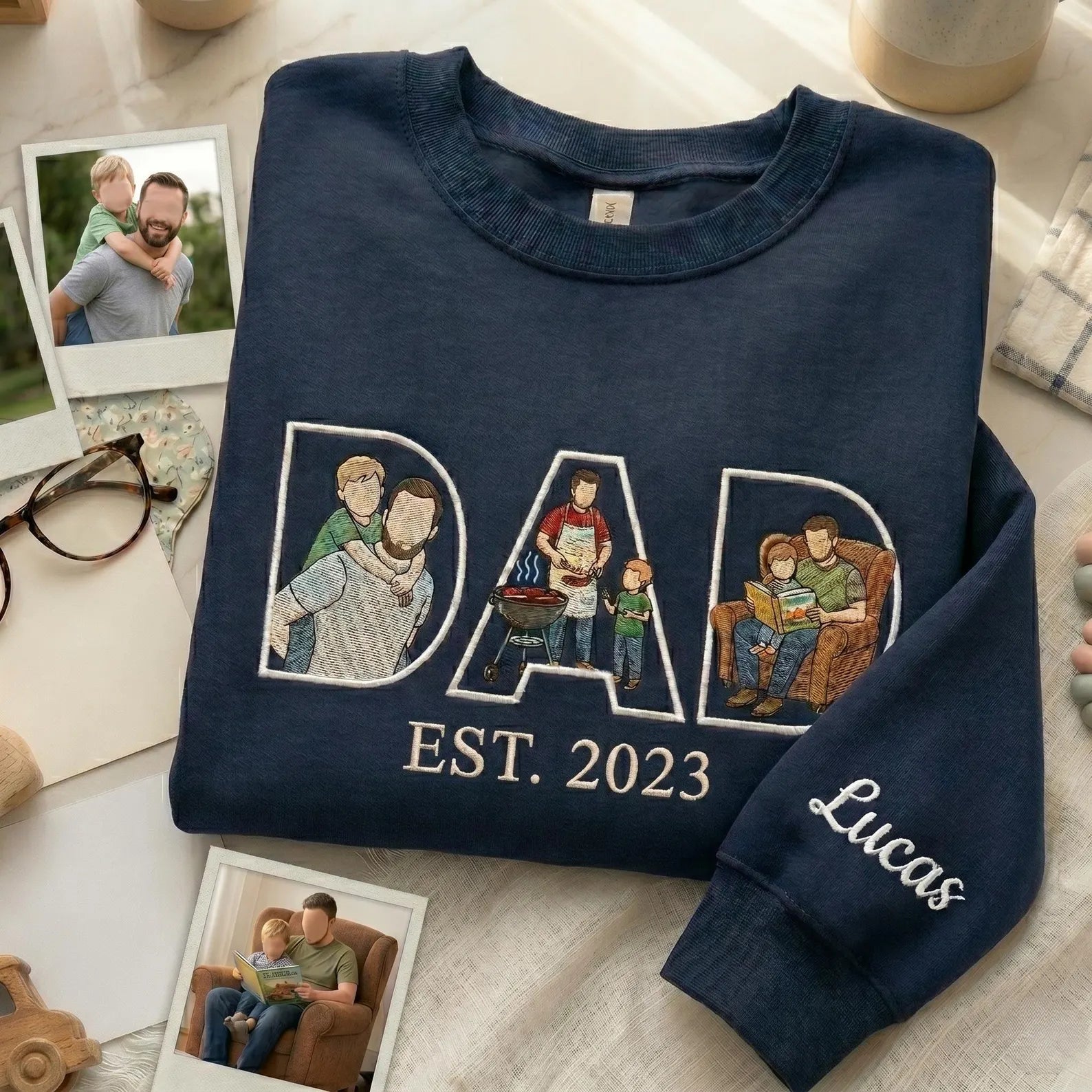 Custom Dad Embroidered Sweatshirt With Photo Inside Letters, Personalized Father’s Day Gift