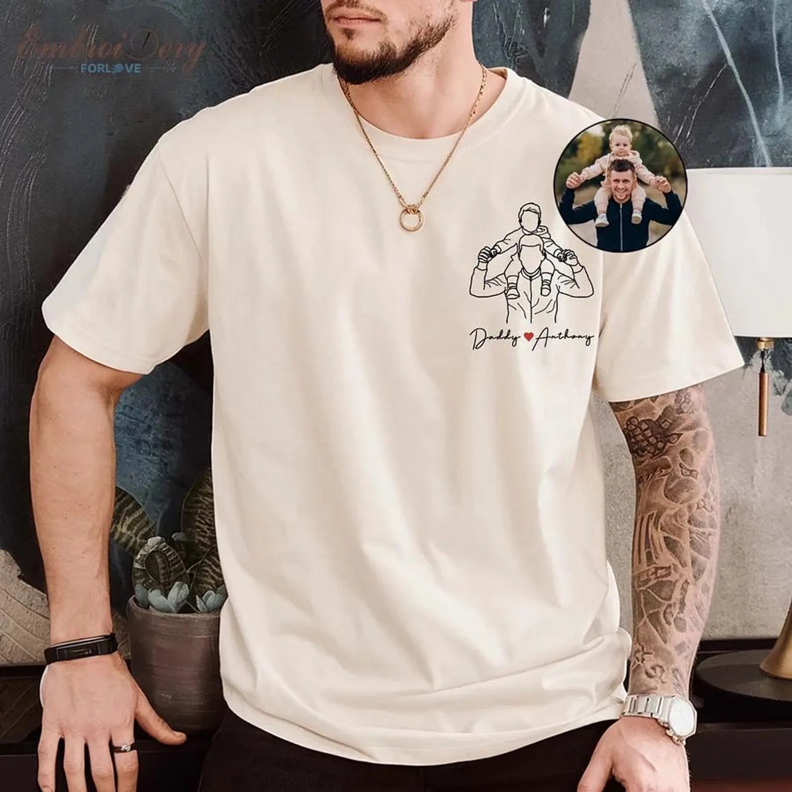 Custom Dad Embroidered T-Shirt With Child Portrait, Personalized Father’s Day Gift
