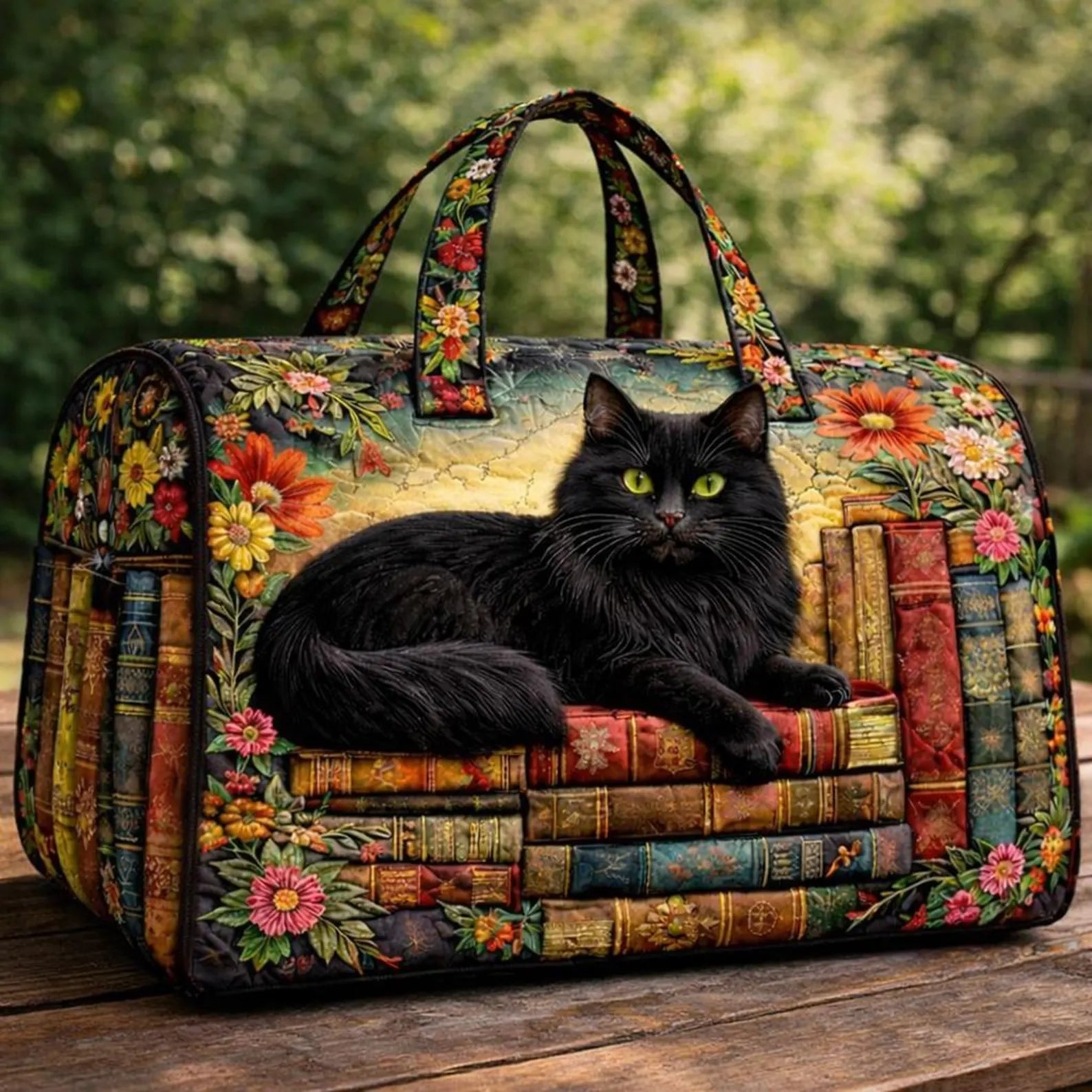 Black Cat Quilted Duffle Bag, Book Lover Weekender Bag for Women, Cat Duffle