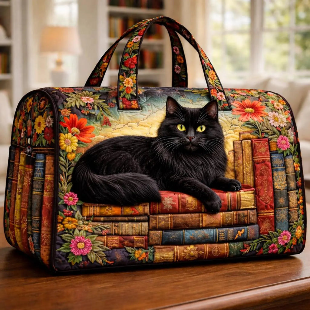 Black Cat Quilted Duffle Bag, Book Lover Weekender Bag for Women, Cat Duffle