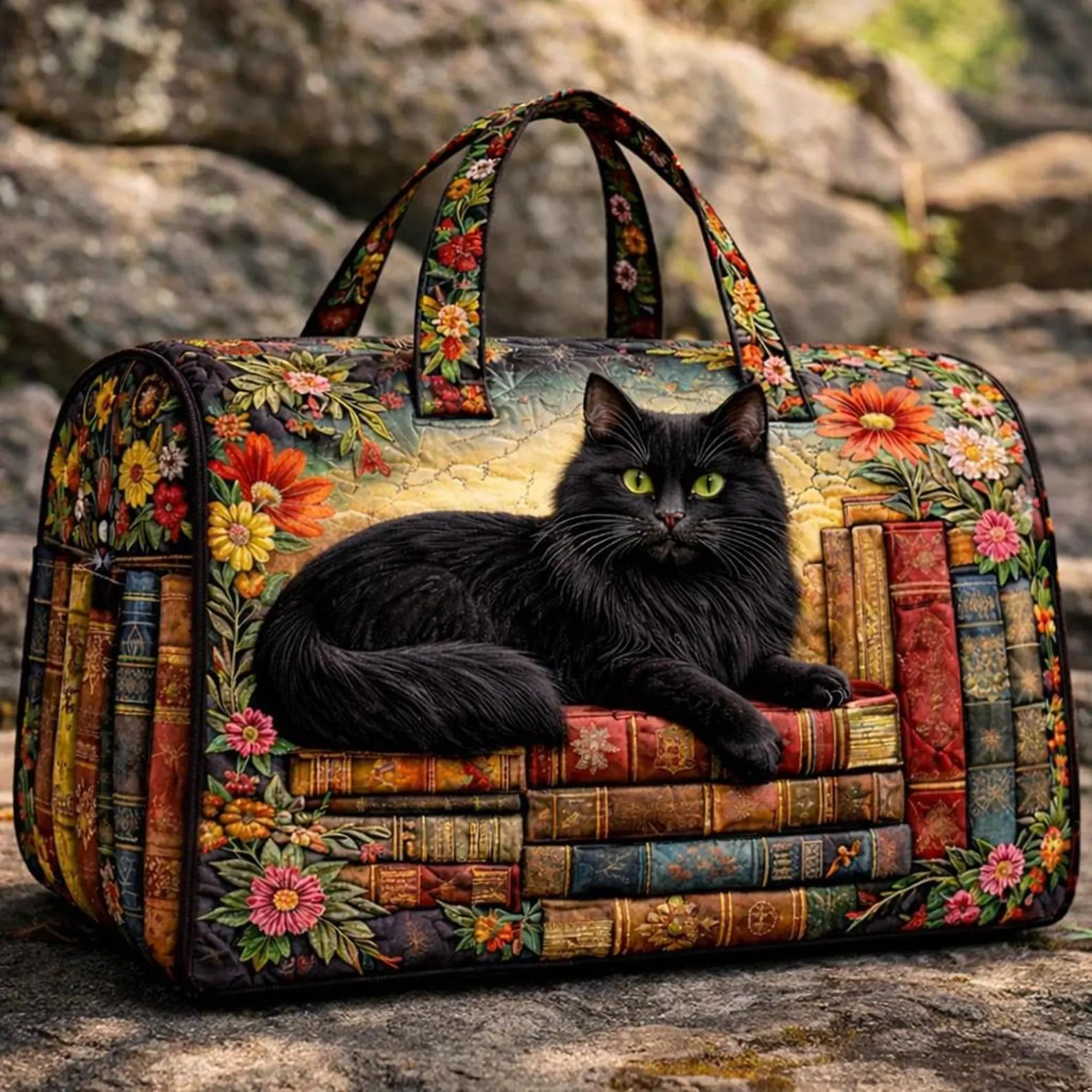 Black Cat Quilted Duffle Bag, Book Lover Weekender Bag for Women, Cat Duffle