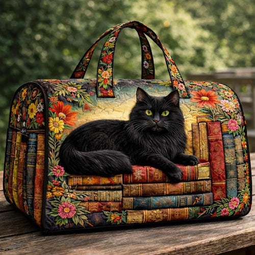 Black Cat Quilted Duffle Bag, Book Lover Weekender Bag for Women, Cat Duffle