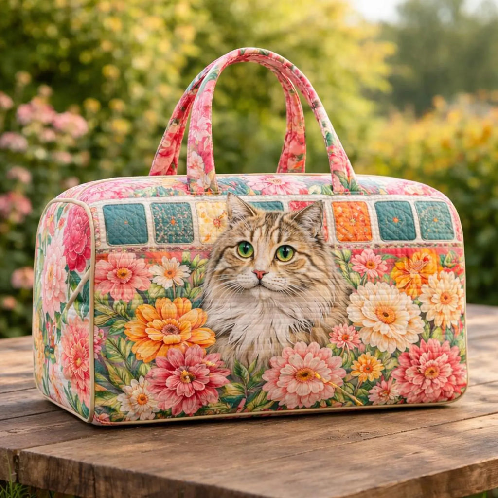 Cute Cat Floral Quilted Duffle Bag, Camper Van Weekender Bag, Travel Overnight Tote for Women