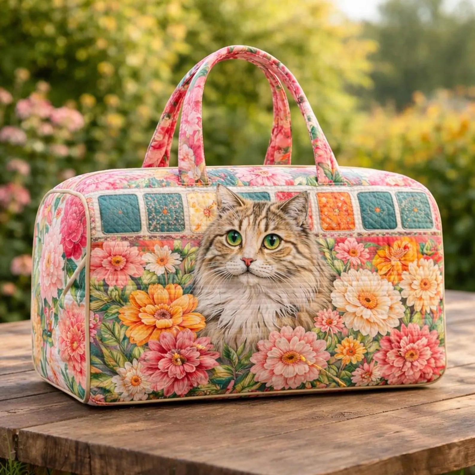 Cute Cat Floral Quilted Duffle Bag, Camper Van Weekender Bag, Travel Overnight Tote for Women