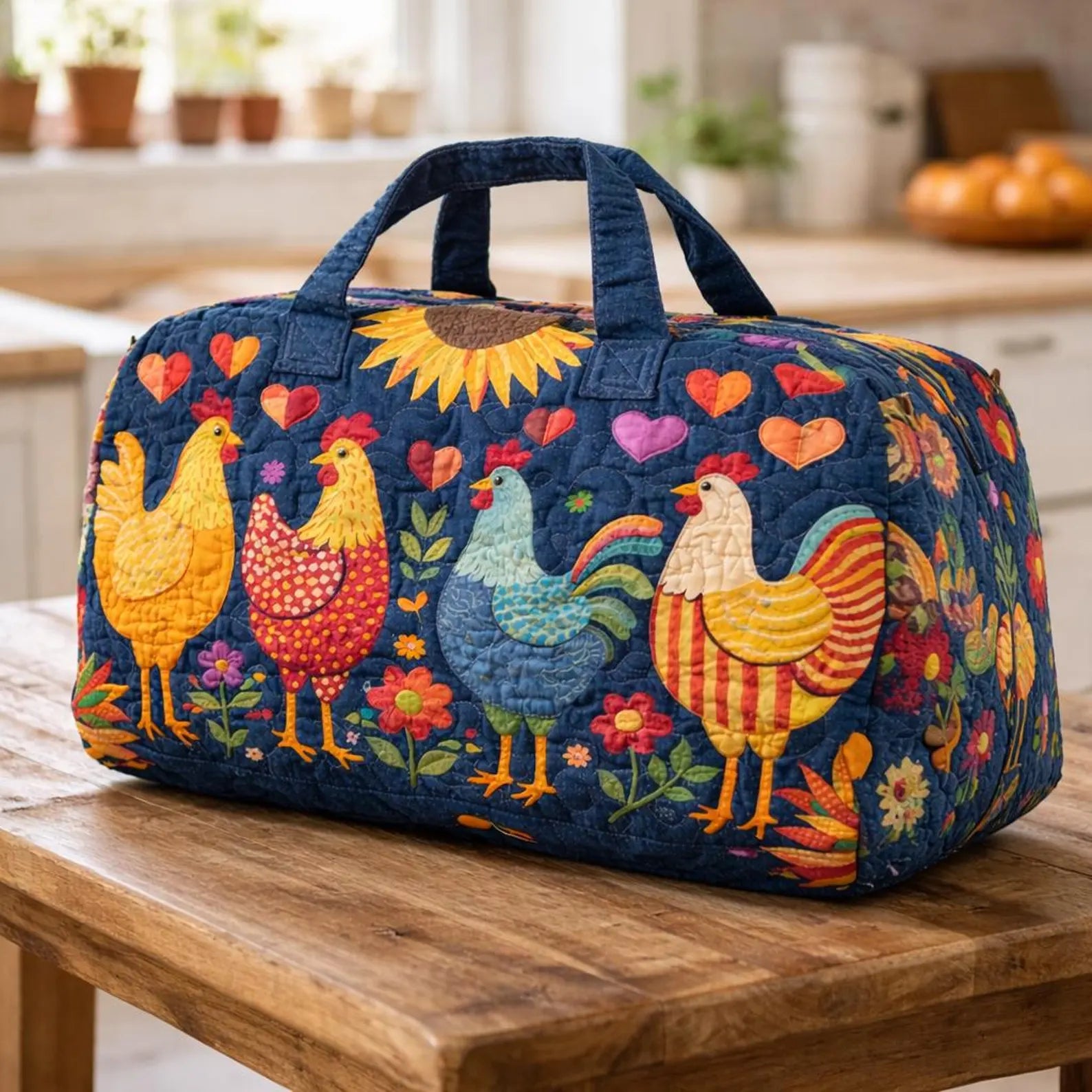 Cute Chicken Quilted Duffle Bag, Farmhouse Weekender Bag for Women, Hen Travel Duffel