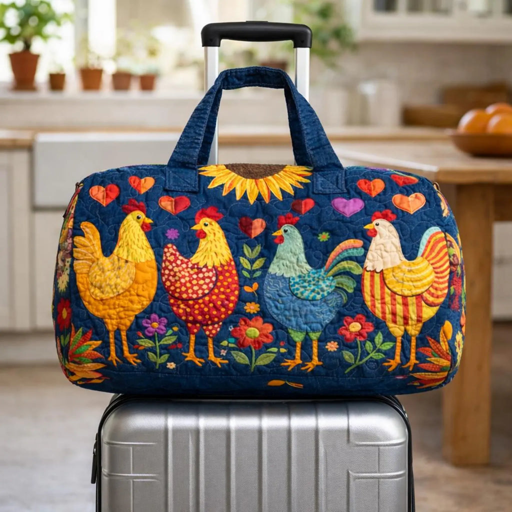 Cute Chicken Quilted Duffle Bag, Farmhouse Weekender Bag for Women, Hen Travel Duffel