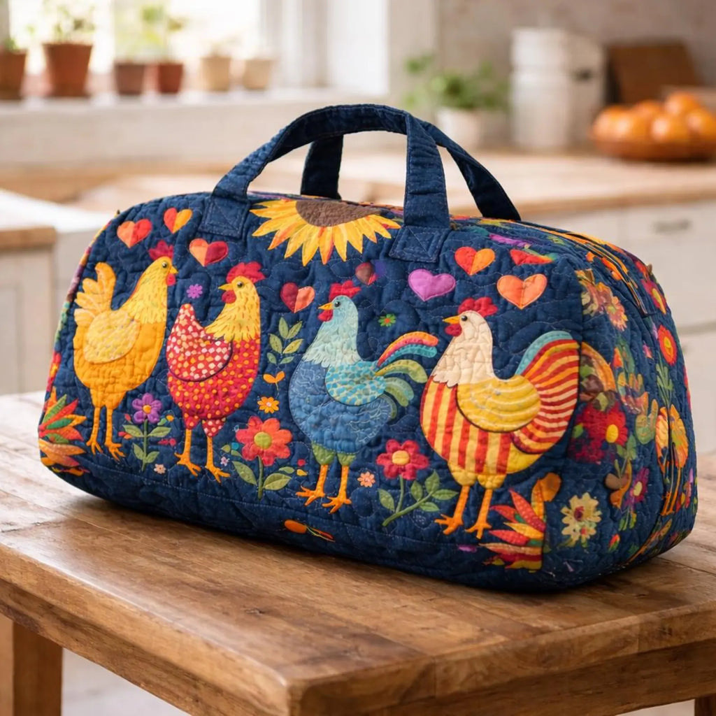 Cute Chicken Quilted Duffle Bag, Farmhouse Weekender Bag for Women, Hen Travel Duffel
