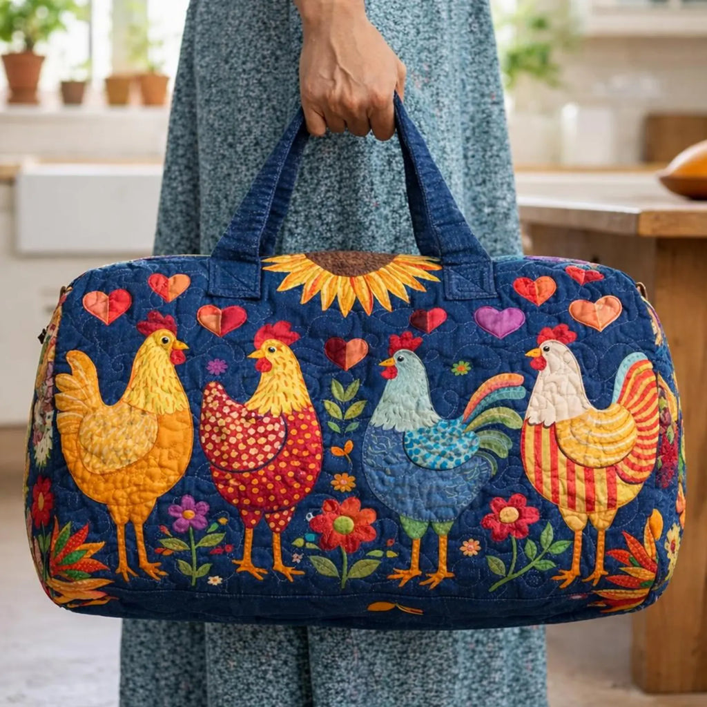 Cute Chicken Quilted Duffle Bag, Farmhouse Weekender Bag for Women, Hen Travel Duffel