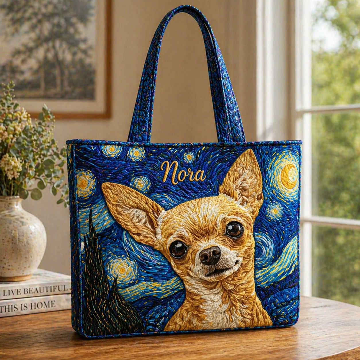 Chihuahua Starry Night Quilted Tote Bag, Dog Shoulder Bag, Chihuahua Tote, Gift for Women QTOTE12
