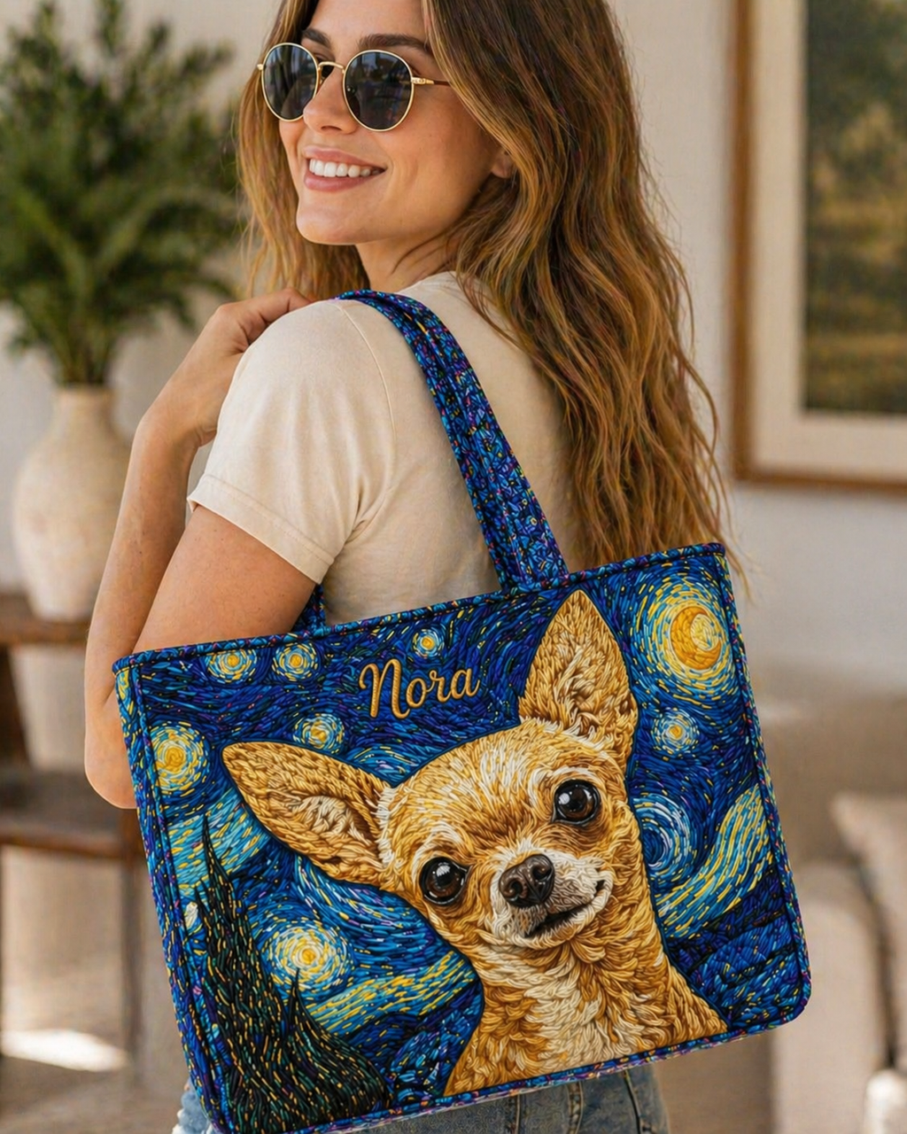 Chihuahua Starry Night Quilted Tote Bag, Dog Shoulder Bag, Chihuahua Tote, Gift for Women QTOTE12