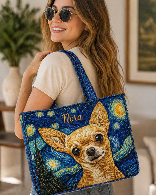 Chihuahua Starry Night Quilted Tote Bag, Dog Shoulder Bag, Chihuahua Tote, Gift for Women QTOTE12
