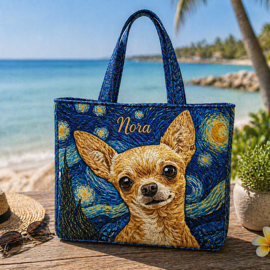 Chihuahua Starry Night Quilted Tote Bag, Dog Shoulder Bag, Chihuahua Tote, Gift for Women QTOTE12