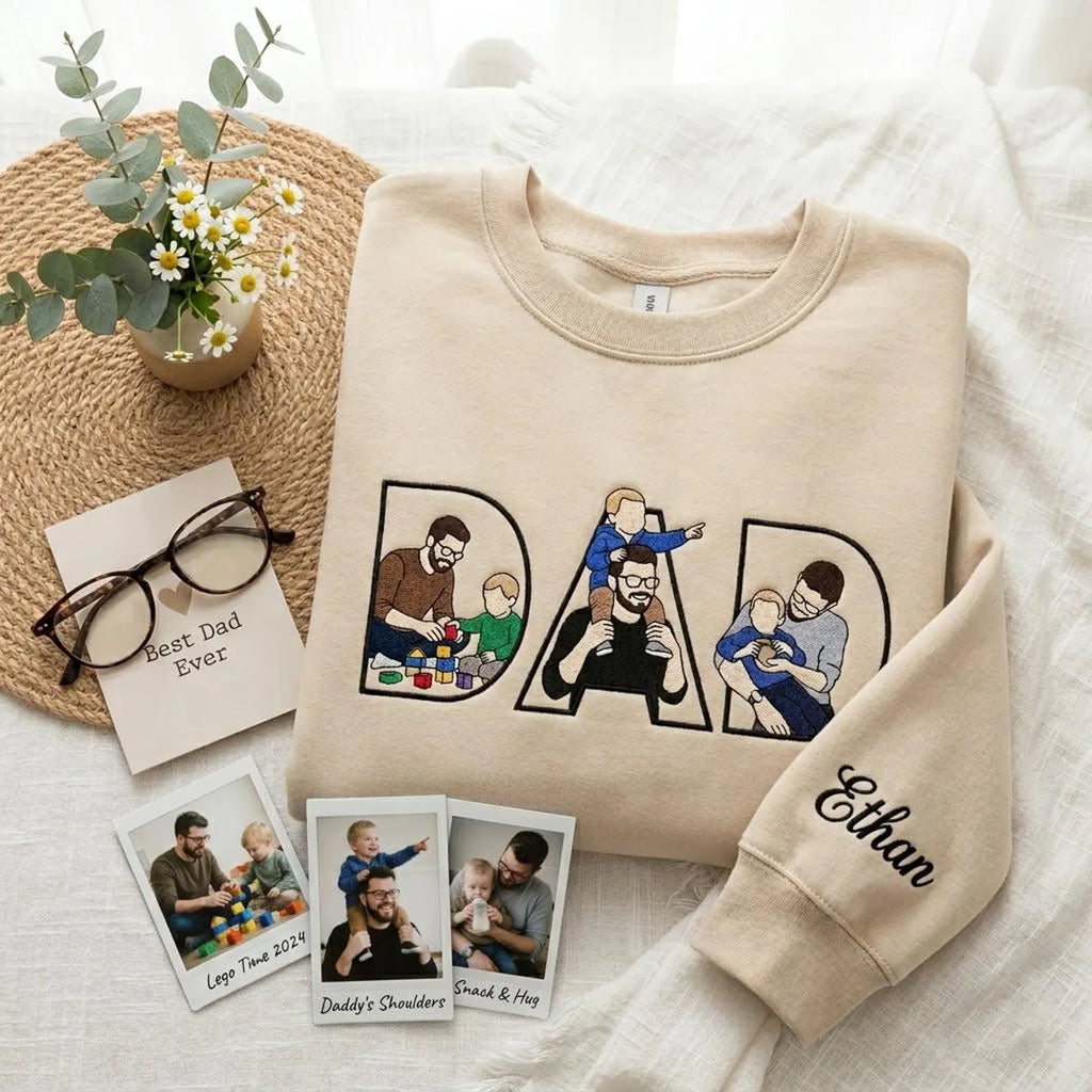 Custom Dad Embroidered Sweatshirt With Kids Portrait, Personalized Father’s Day Gift