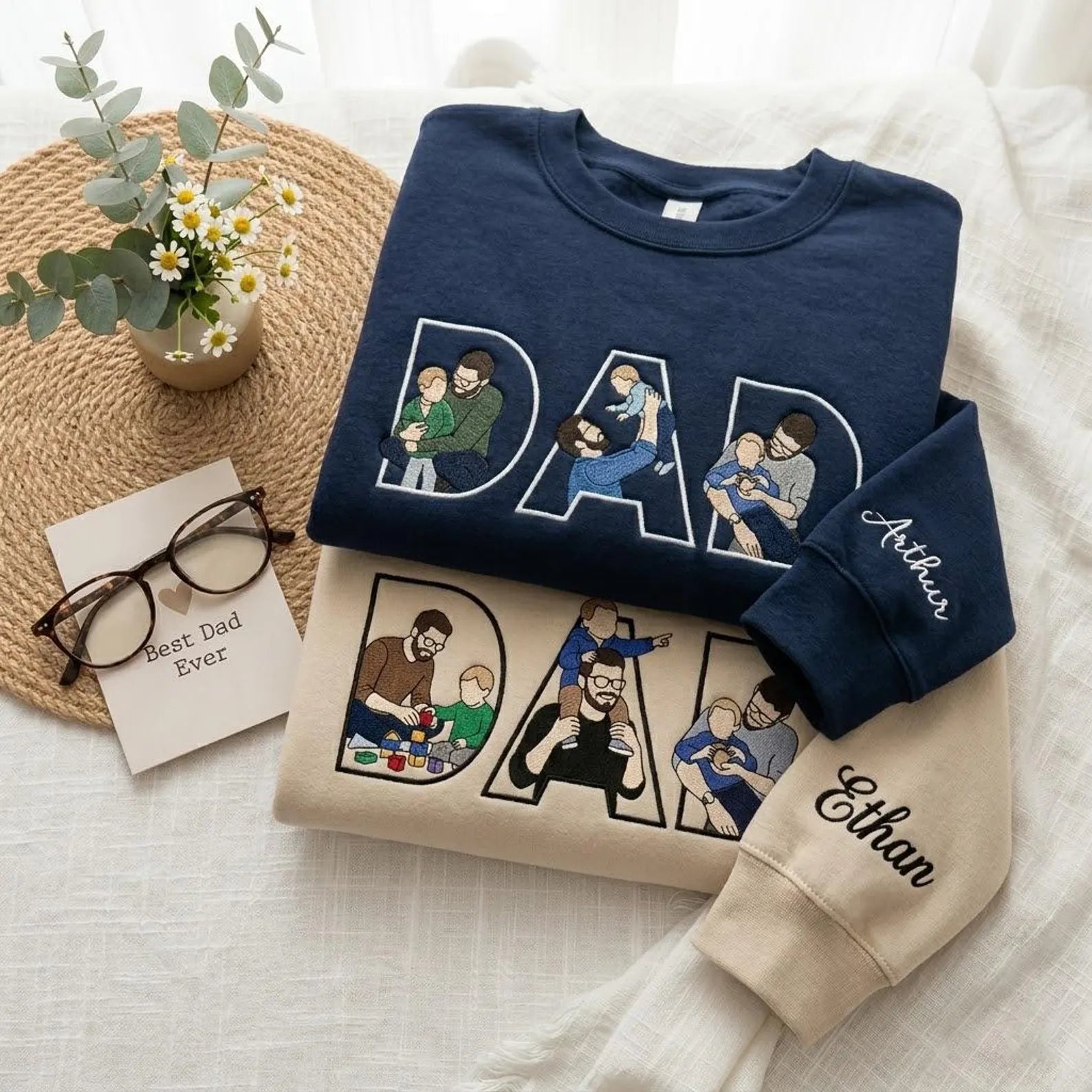 Custom Dad Embroidered Sweatshirt With Kids Portrait, Personalized Father’s Day Gift