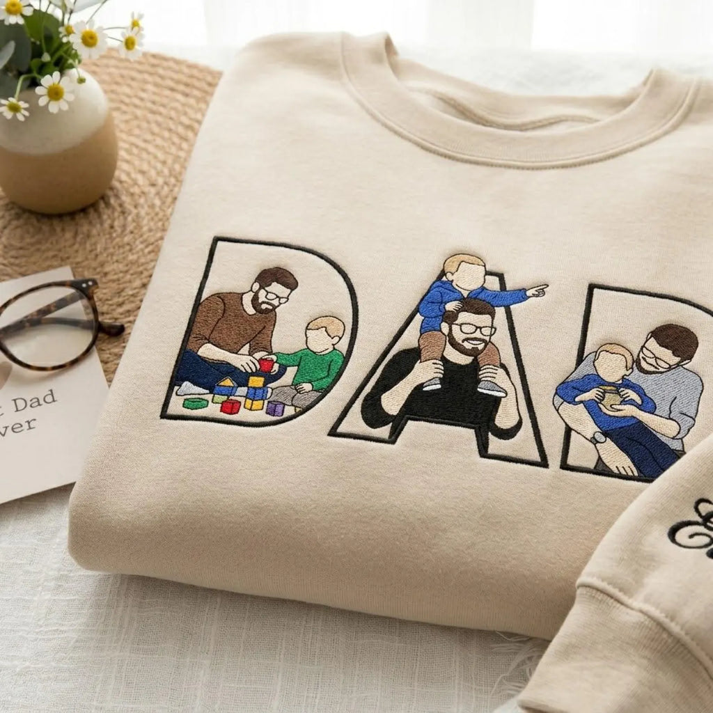 Custom Dad Embroidered Sweatshirt With Kids Portrait, Personalized Father’s Day Gift