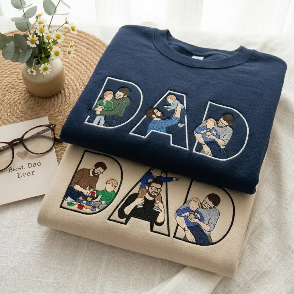 Custom Dad Embroidered Sweatshirt With Kids Portrait, Personalized Father’s Day Gift