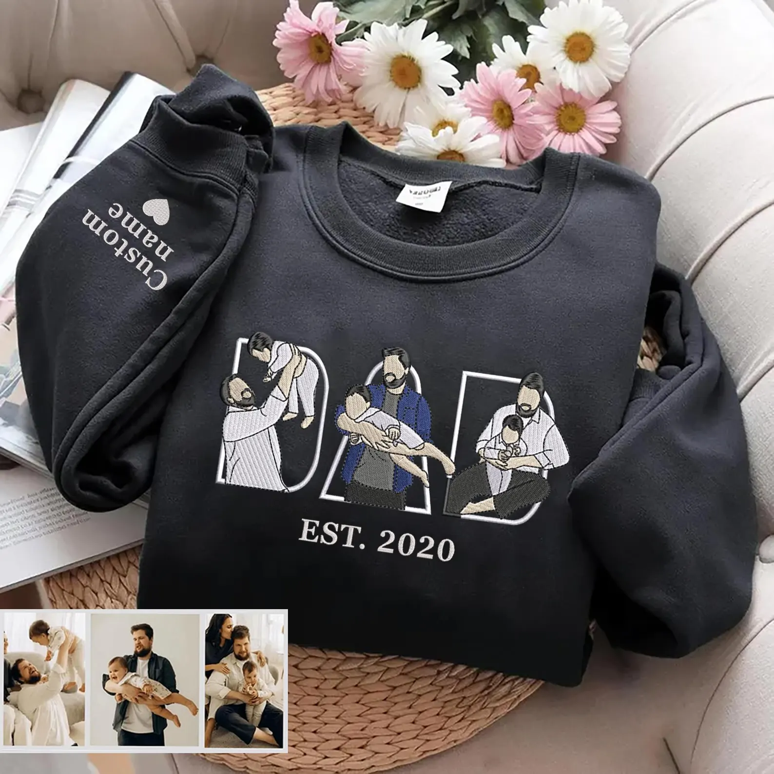 Custom Dad Embroidered Sweatshirt With Kid Portrait, Personalized Father’s Day Gift Shirt