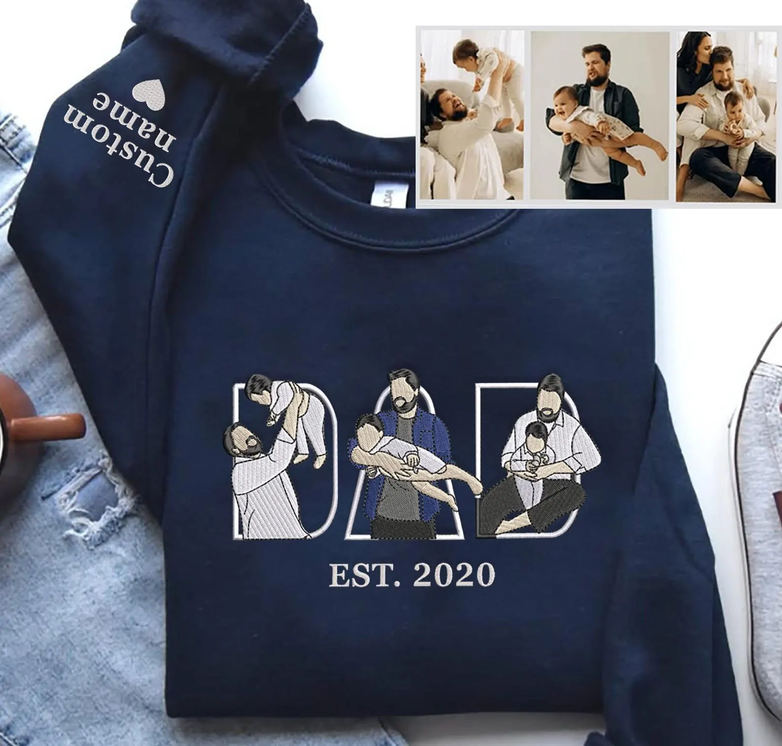 Custom Dad Embroidered Sweatshirt With Kid Portrait, Personalized Father’s Day Gift Shirt