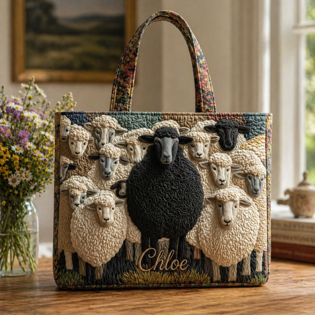 Sheep Quilted Tote Bag, Lamb Shoulder Bag, Animal Farm Tote, Gift for Women QTOTE13