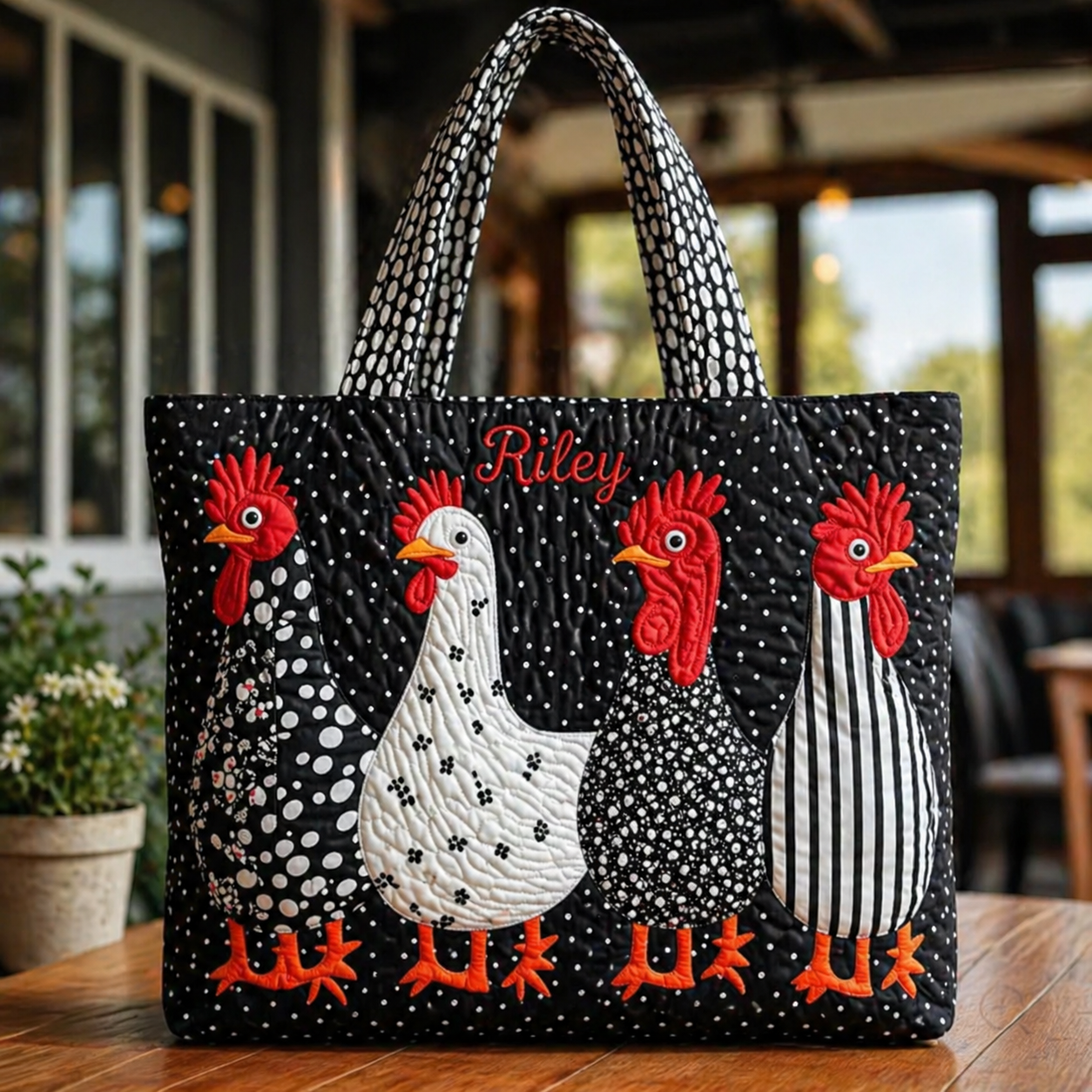 Funky Chicken Quilted Tote Bag, Chicken Shoulder Bag, Animal Farm Tote, Gift for Women QTOTE14