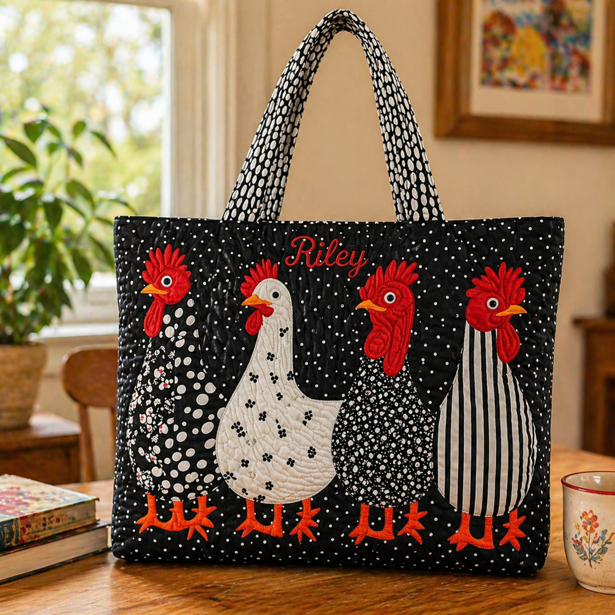 Funky Chicken Quilted Tote Bag, Chicken Shoulder Bag, Animal Farm Tote, Gift for Women QTOTE14