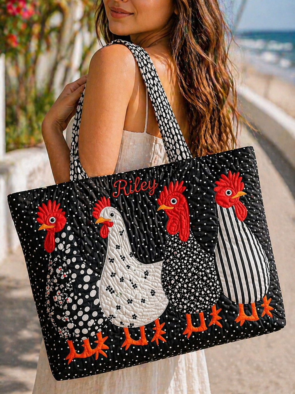 Funky Chicken Quilted Tote Bag, Chicken Shoulder Bag, Animal Farm Tote, Gift for Women QTOTE14