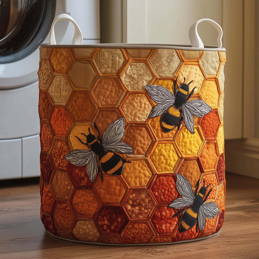 Honeycomb Pattern Quilted Laundry Basket, Bee Bumblebee Storage Hamper, Laundry Bin, Custom Name Nursery Organizer, Fabric Clothes Basket QBK17